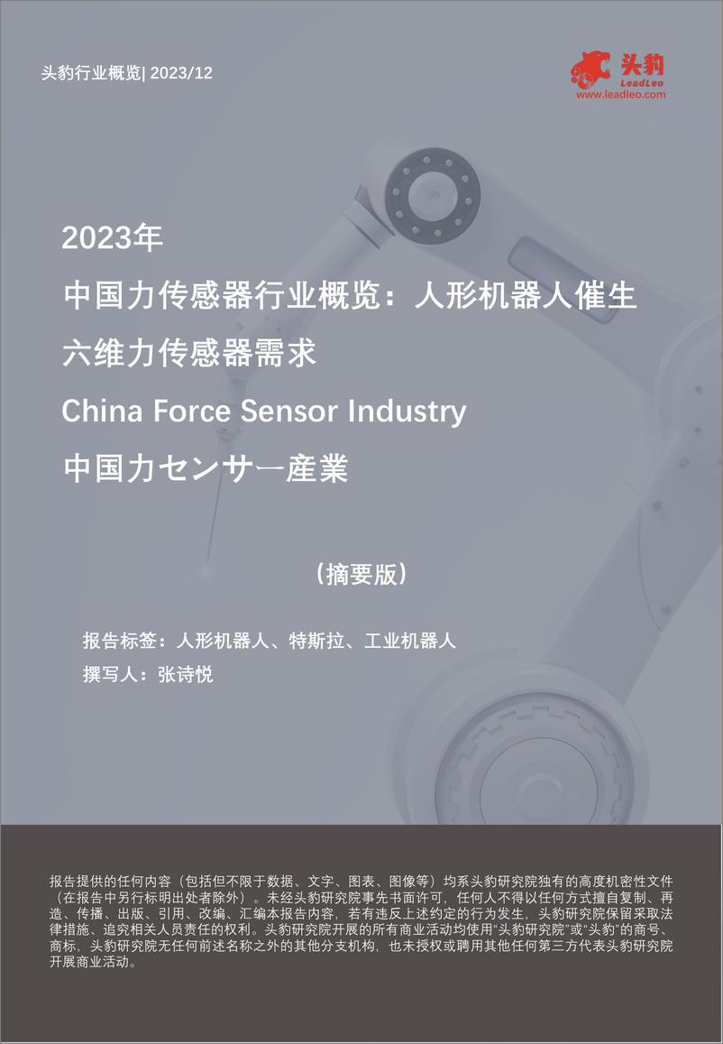 报告《2023年中国力传感器行业概览-人形机器人催生六维力传感器需求（摘要版）-头豹研究院》的封面图片