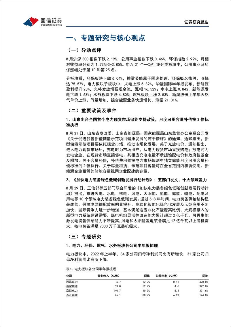 《环保公用行业2022年9月投资策略：细分板块半年报喜忧参半，云南澜沧江、湖北清江汉江站点水情监测-20220904-国信证券-33页》 - 第6页预览图