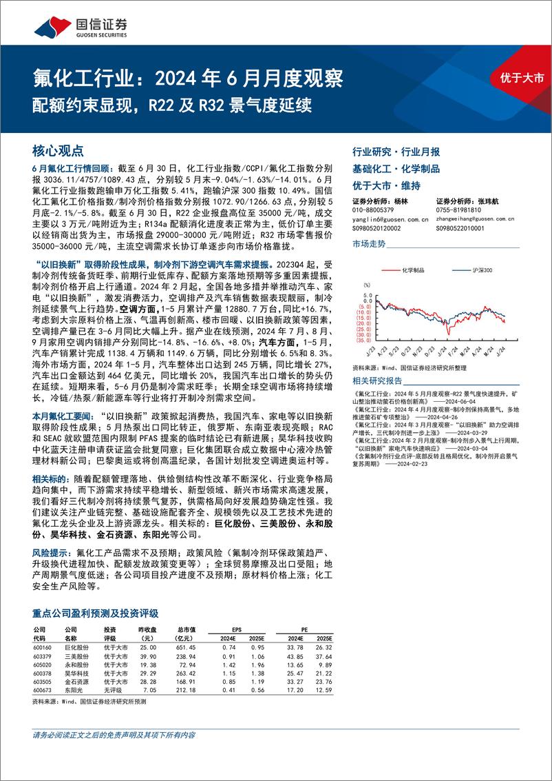 《氟化工行业：2024年6月月度观察，配额约束显现，R22及R32景气度延续-240702-国信证券-37页》 - 第1页预览图