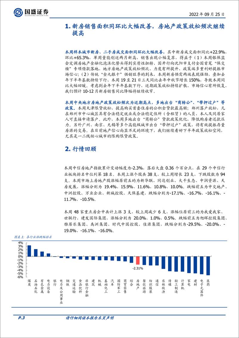 《房地产开发行业2022W38：中央“保交楼”资金落地提振市场信心，新房二手房成交有所回暖》 - 第3页预览图