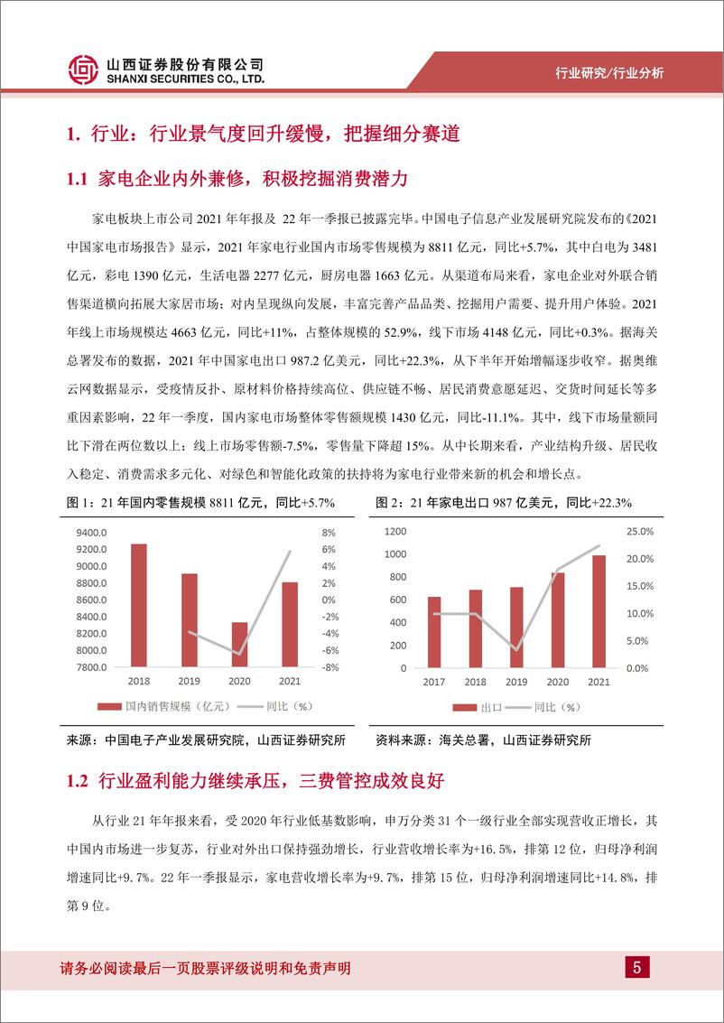 《家电行业年报及一季报业绩综述：行业缓慢复苏，龙头企业业绩表现亮眼-20220509-山西证券-23页》 - 第6页预览图