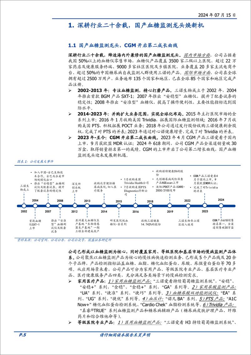 《三诺生物(300298)CGM开启成长新曲线，国产血糖监测龙头萌新芽-240715-国盛证券-35页》 - 第5页预览图