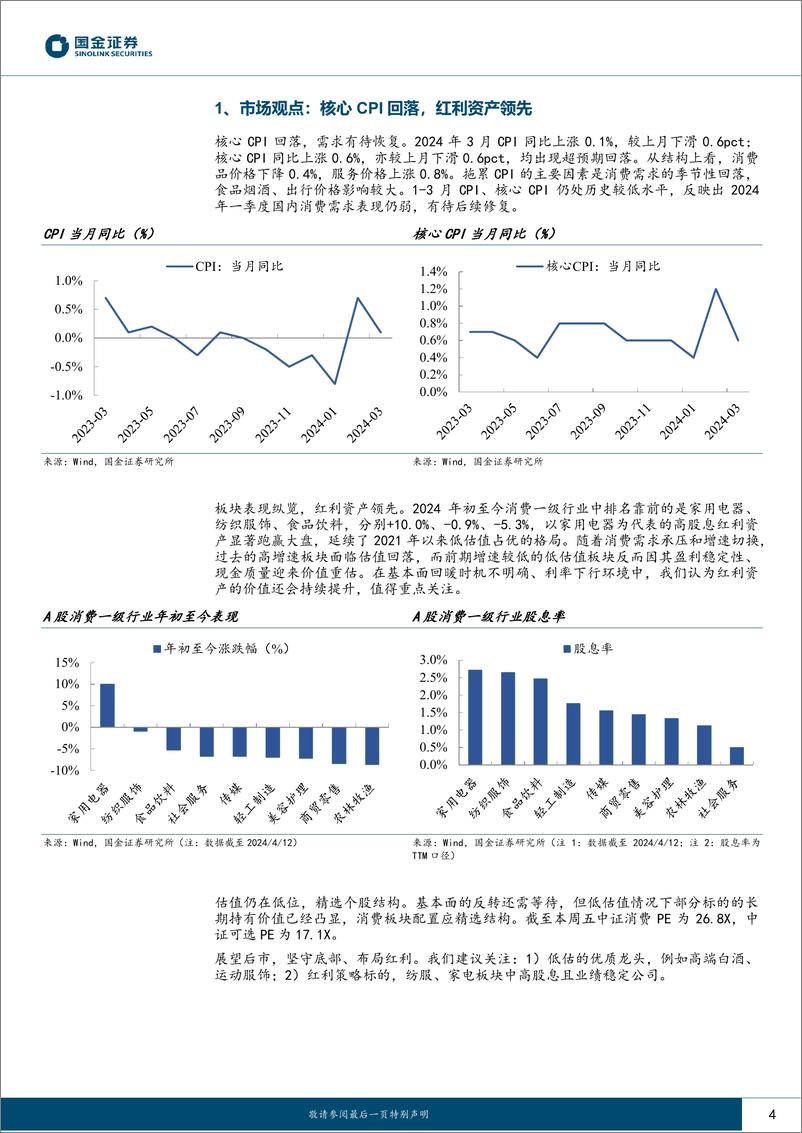 《主要消费产业行业研究：核心CPI回落，红利资产领先-240414-国金证券-18页》 - 第4页预览图