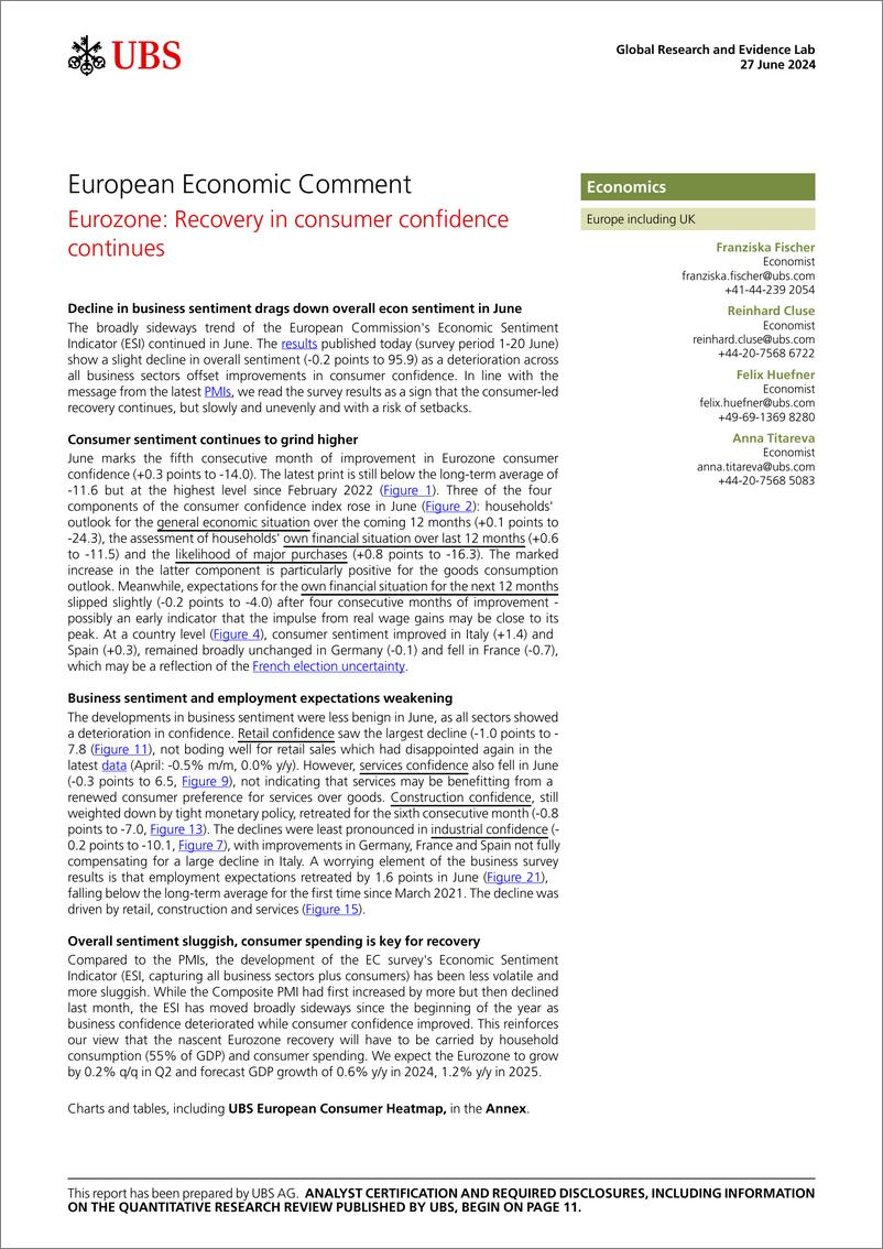 《UBS Economics-European Economic Comment _Eurozone Recovery in consumer co...-108889063》 - 第1页预览图