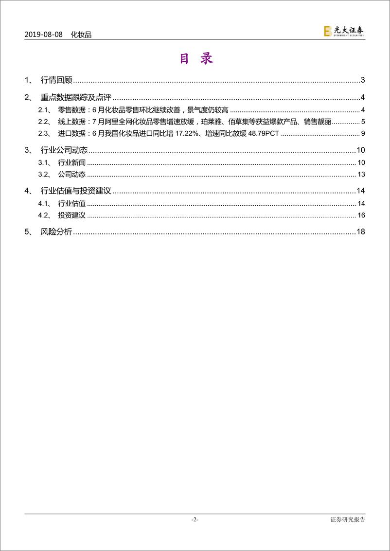 《化妆品行业月报：6月化妆品零售环比改善，7月珀莱雅、佰草集天猫店销售靓丽-20190808-光大证券-19页》 - 第3页预览图