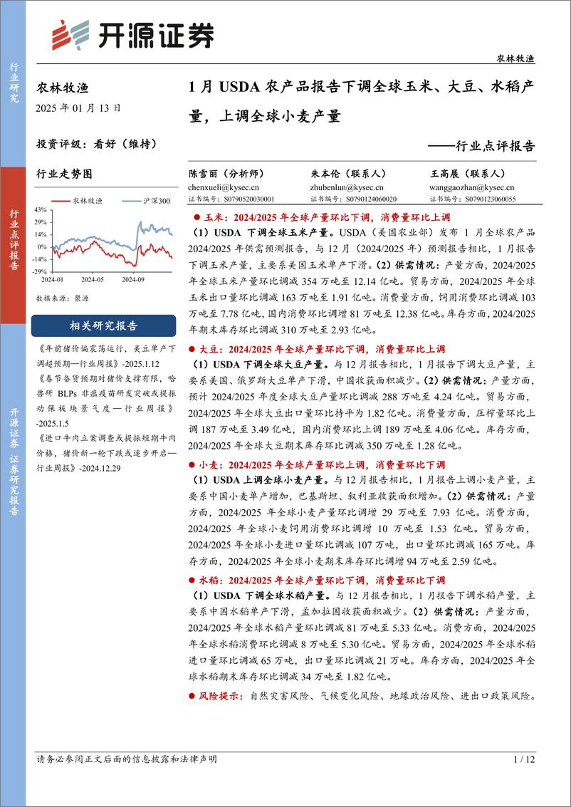 《农林牧渔行业点评报告：1月USDA农产品报告下调全球玉米、大豆、水稻产量，上调全球小麦产量-250113-开源证券-12页》 - 第1页预览图