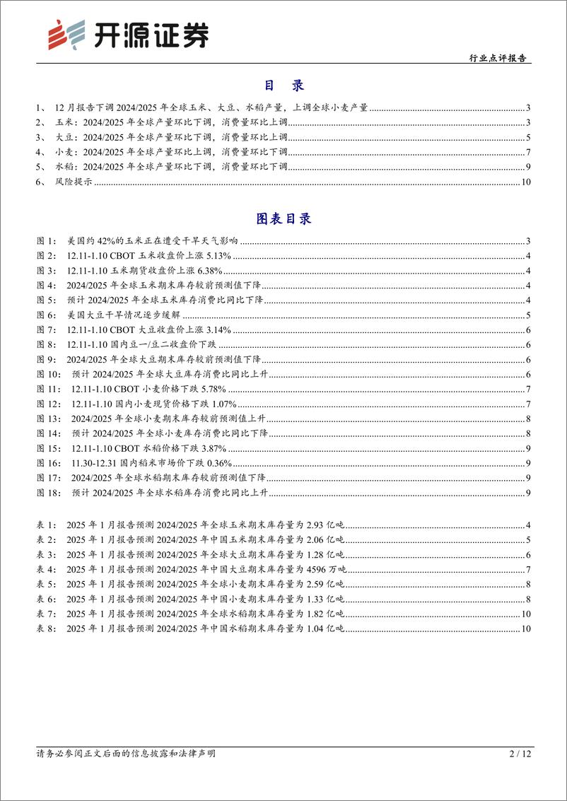 《农林牧渔行业点评报告：1月USDA农产品报告下调全球玉米、大豆、水稻产量，上调全球小麦产量-250113-开源证券-12页》 - 第2页预览图