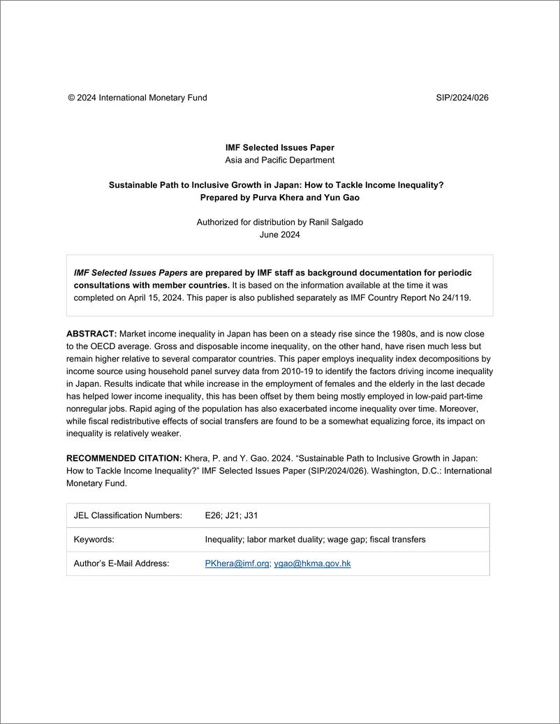 《IMF-日本实现包容性增长的可持续途径：如何解决收入不平等问题？（英）-2024-20页》 - 第2页预览图