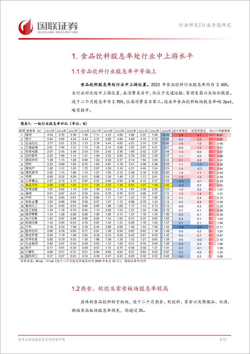 《食品饮料行业专题研究：股息率中等偏上，期待进一步提升-240826-国联证券-12页》 - 第6页预览图