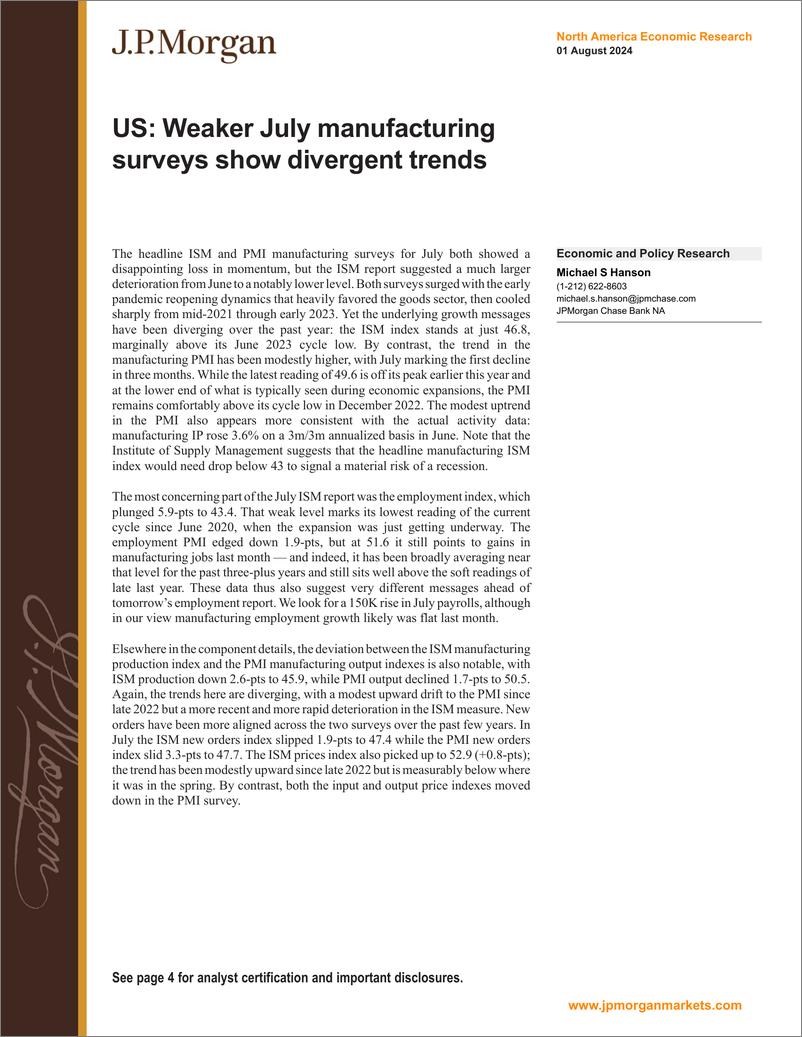 《PMorgan Econ  FI-US Weaker July manufacturing surveys show divergent trends-109590257》 - 第1页预览图