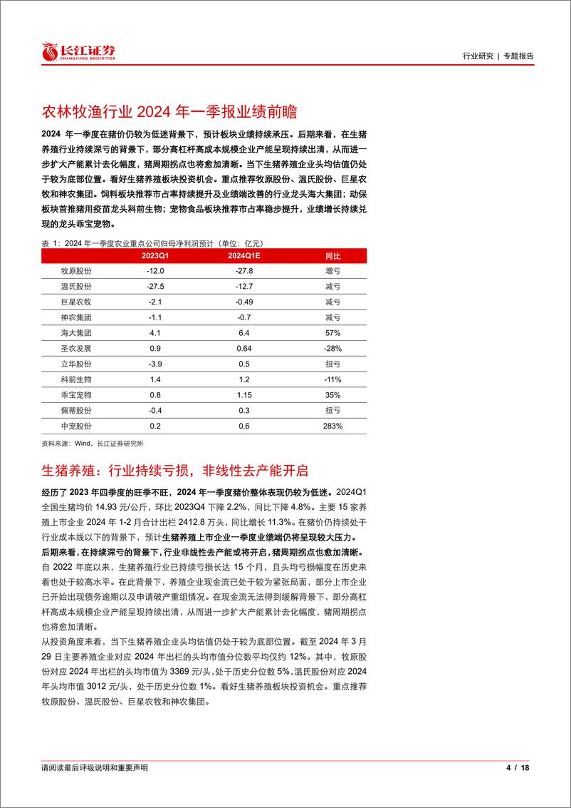 《农林牧渔行业2024年一季报业绩前瞻：生猪养殖行业非线性去产能开启，看好板块投资机会-240411-长江证券-18页》 - 第3页预览图