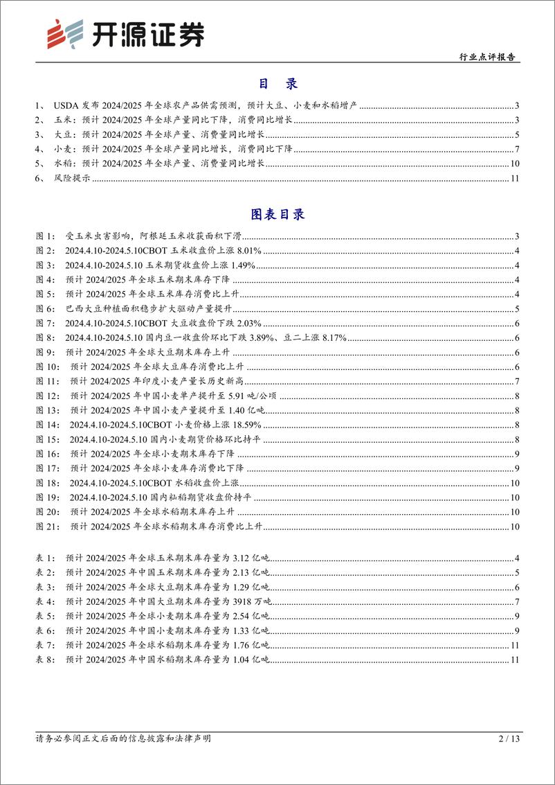 《农林牧渔行业点评报告：USDA发布2024／2025年全球农产品供需预测，预计大豆、小麦和水稻增产-240514-开源证券-13页》 - 第2页预览图