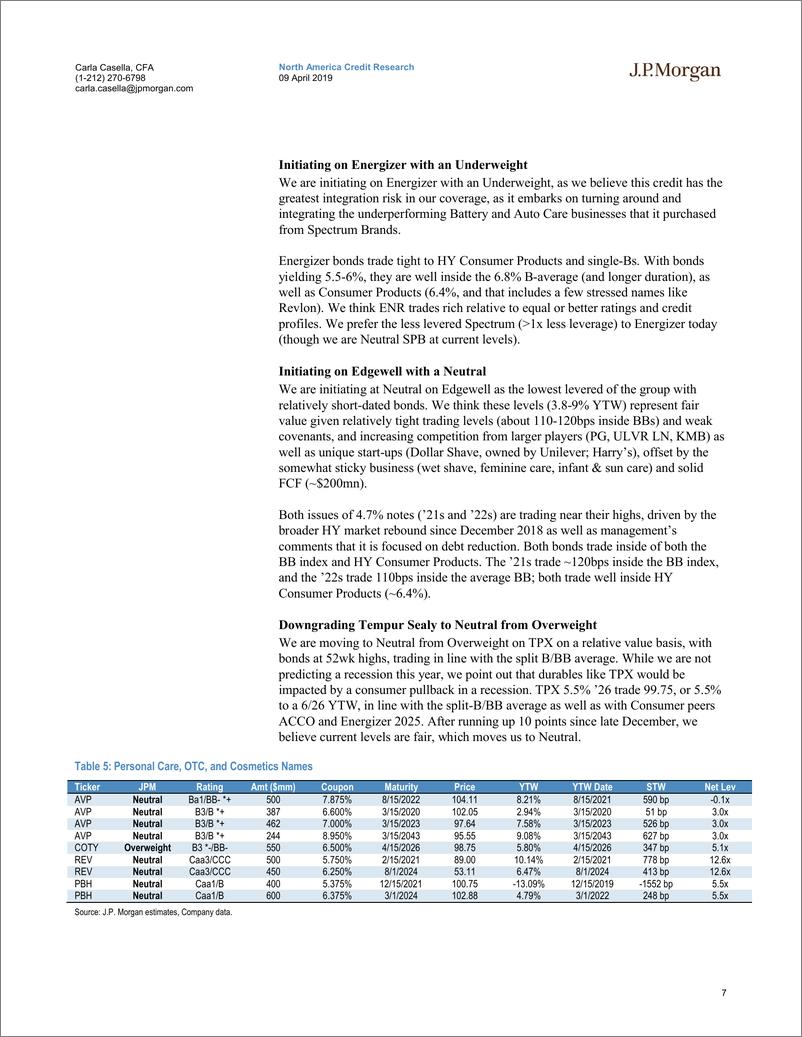《J.P. 摩根-美股-消费品行业-美国HY消费更新：家庭清洁市场策略分析-2019.4.9-67页》 - 第8页预览图
