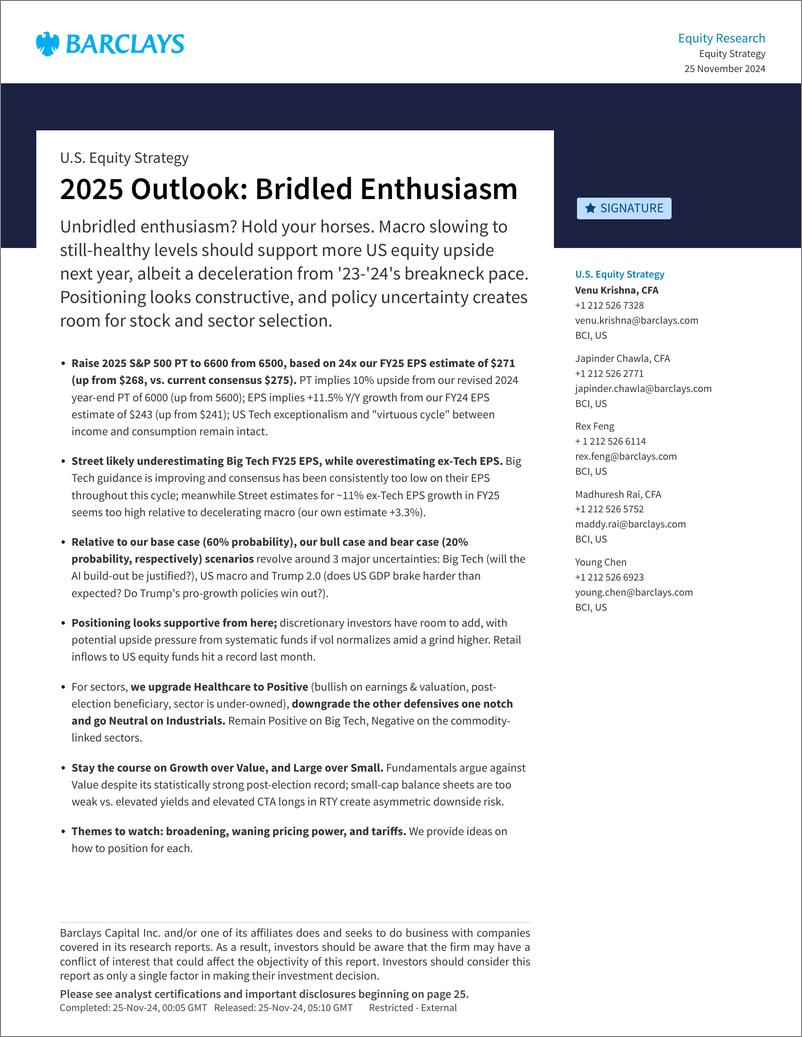 《Barclays_U_S_Equity_Strategy_2025_Outlook_Bridled_Enthusiasm》 - 第1页预览图