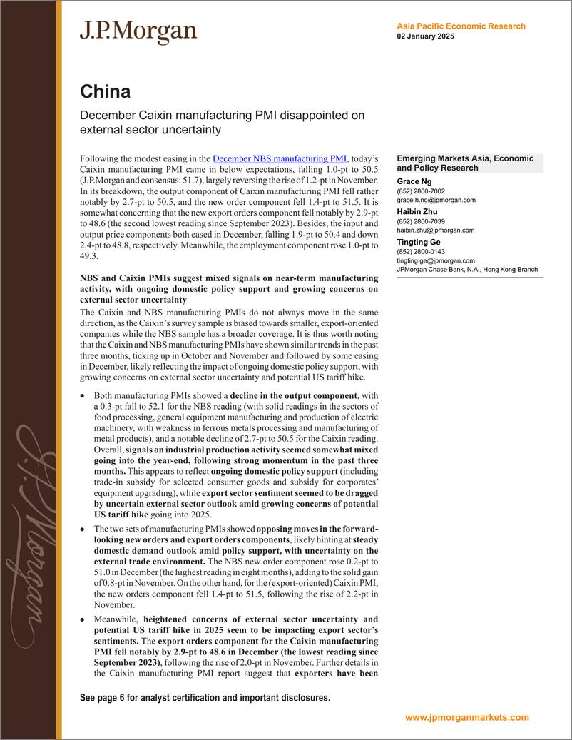 《JPMorgan Econ  FI-China December Caixin manufacturing PMI disappointed on exte...-112545790》 - 第1页预览图