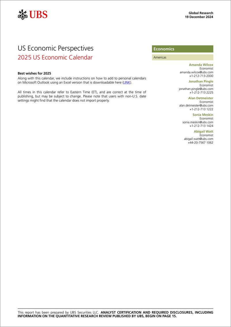 《UBS Economics-US Economic Perspectives _2025 US Economic Calendar_ Wilcox-112298259》 - 第1页预览图