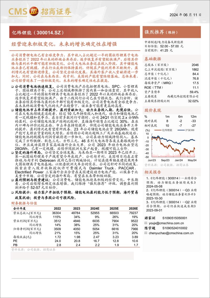 《亿纬锂能(300014)经营迎来积极变化，未来的增长确定性在增强-240612-招商证券-12页》 - 第1页预览图