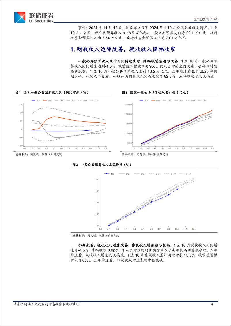 《10月财政数据点评：收入负增收窄，支出边际改善-241120-联储证券-14页》 - 第4页预览图