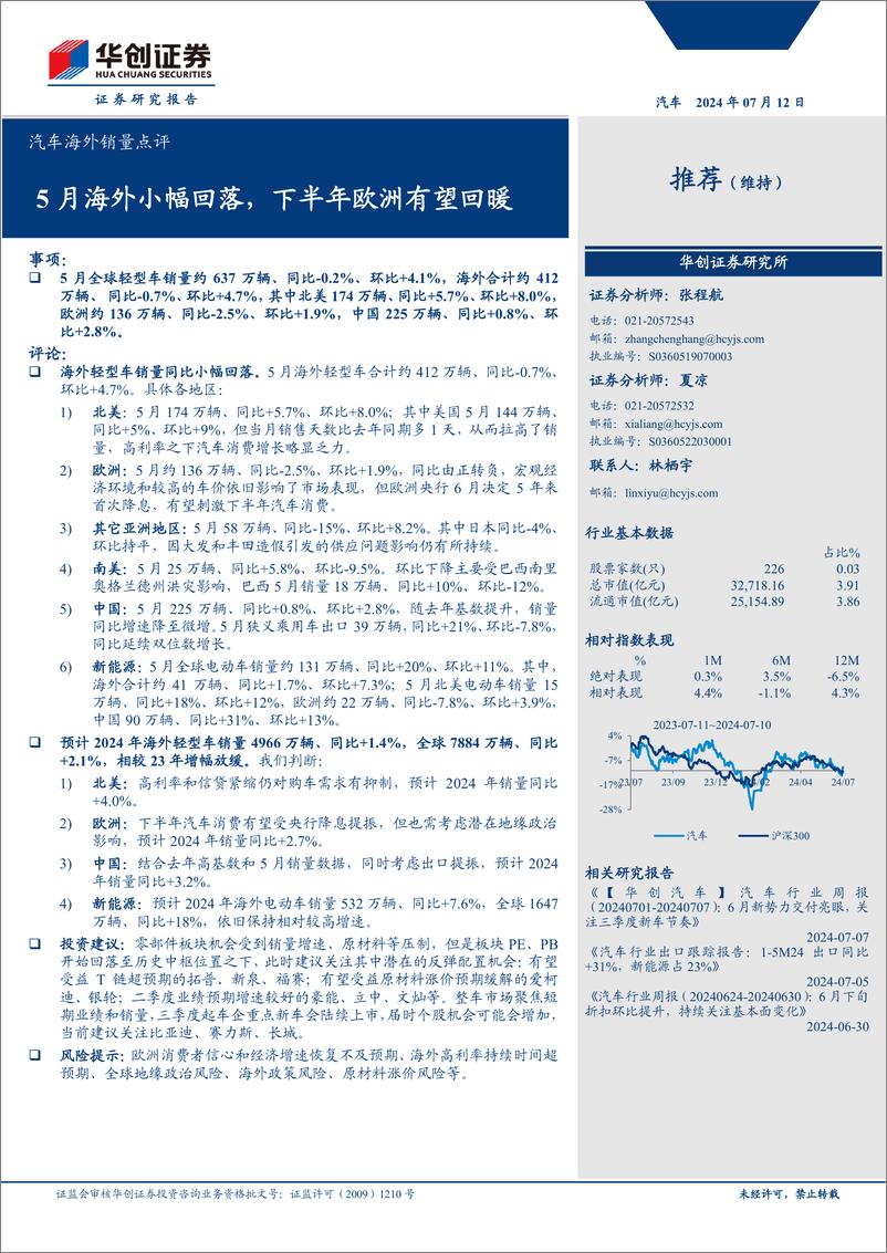 《汽车行业海外销量点评：5月海外小幅回落，下半年欧洲有望回暖-240712-华创证券-14页》 - 第1页预览图