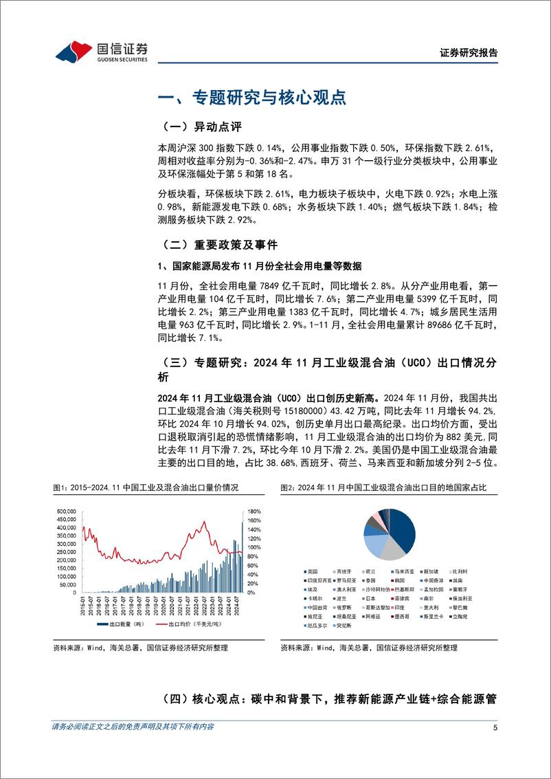 《公用环保行业202412第4期：1-11月全社会用电量同比%2b7.1%25，11月工业及混合油(UCO)出口量创历史新高-241222-国信证券-26页》 - 第5页预览图