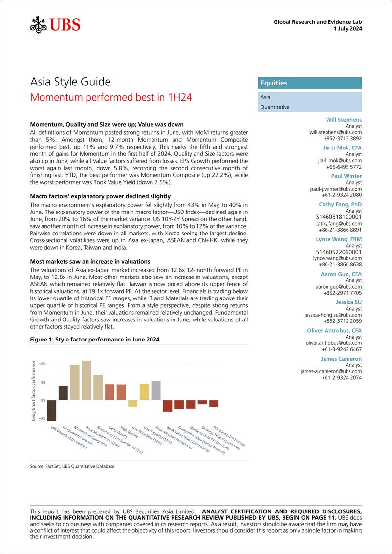 《UBS Equities-Asia Style Guide _Momentum performed best in 1H24_ Stephens-108954260》 - 第1页预览图