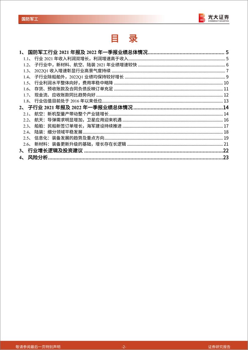 《军工行业2021年报及2022年一季报业绩综述：行业高景气持续，关注估值变化-20220510-光大证券-25页》 - 第3页预览图