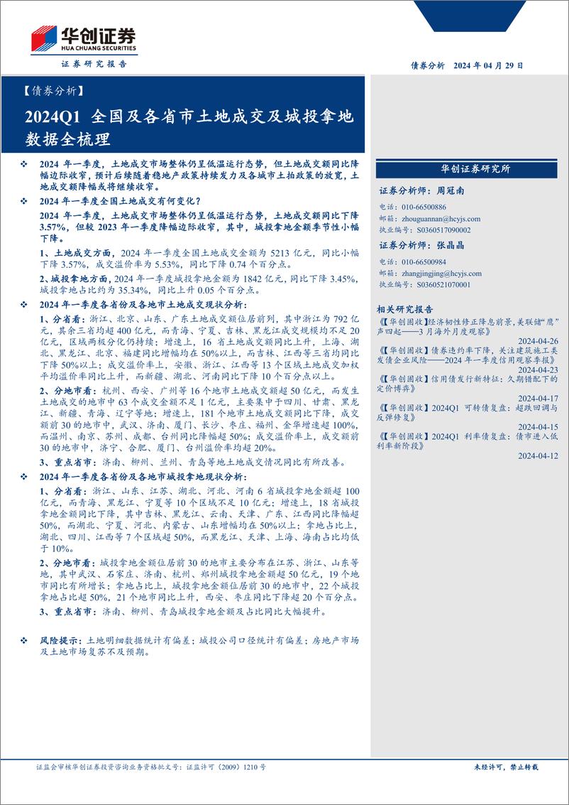 《【债券分析】2024Q1全国及各省市土地成交及城投拿地数据全梳理-240429-华创证券-15页》 - 第1页预览图