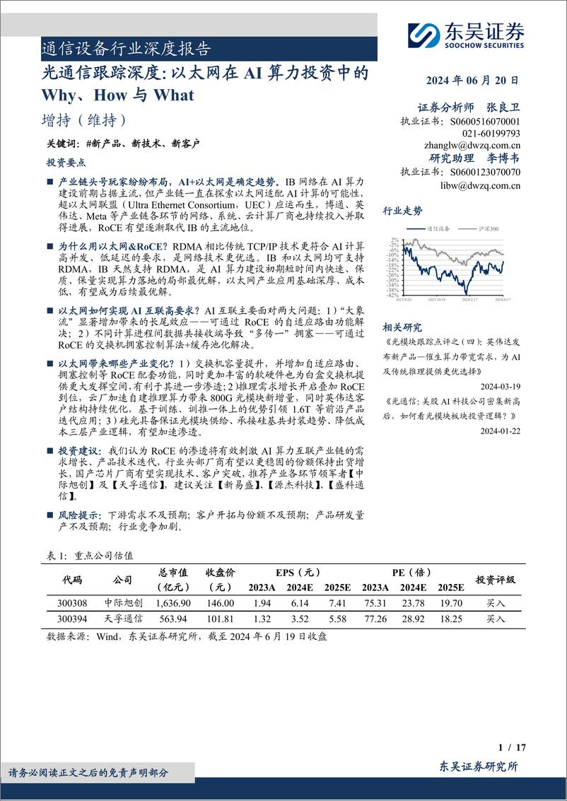 《通信设备行业深度报告：光通信跟踪深度，以太网在AI算力投资中的Why、How与What-240620-东吴证券-17页》 - 第1页预览图