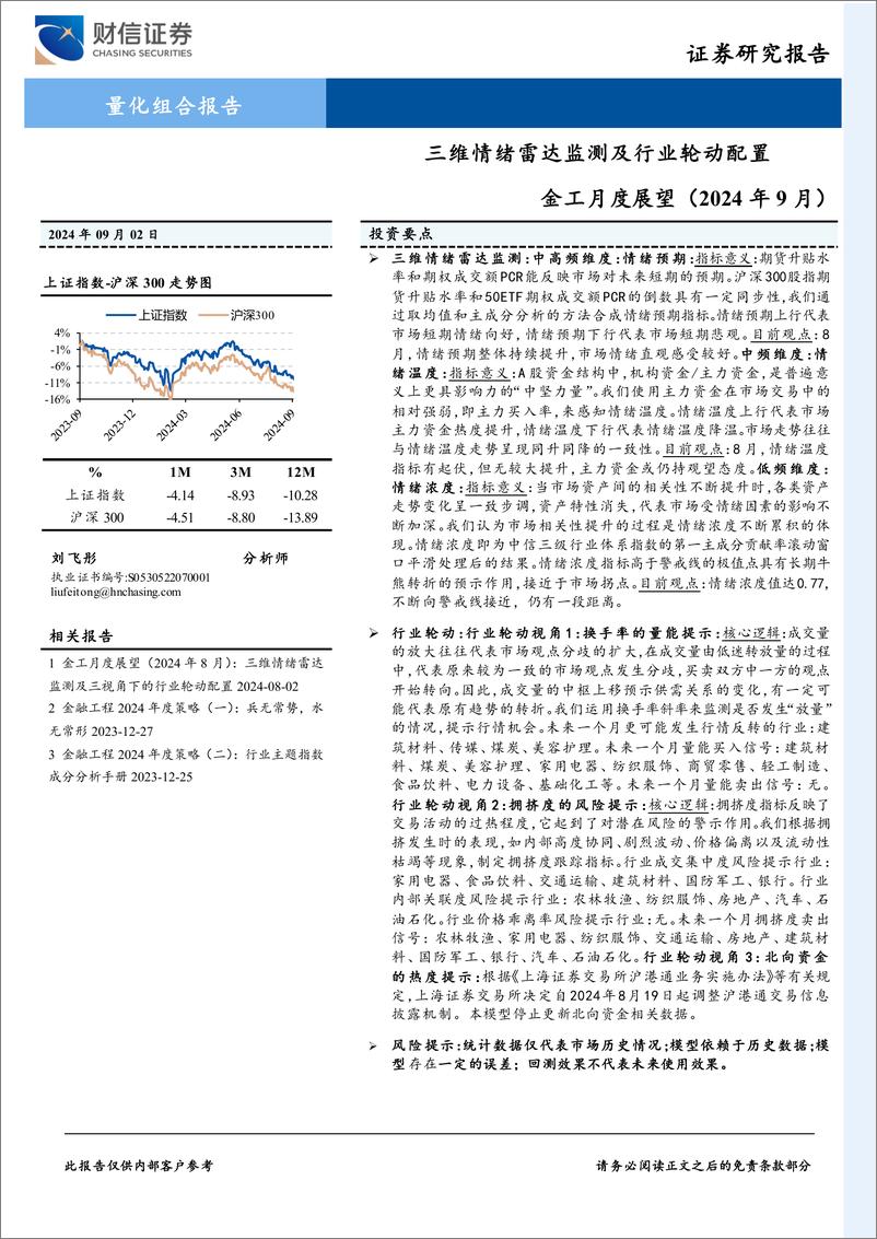 《金工月度展望(2024年9月)：三维情绪雷达监测及行业轮动配置-240902-财信证券-10页》 - 第1页预览图