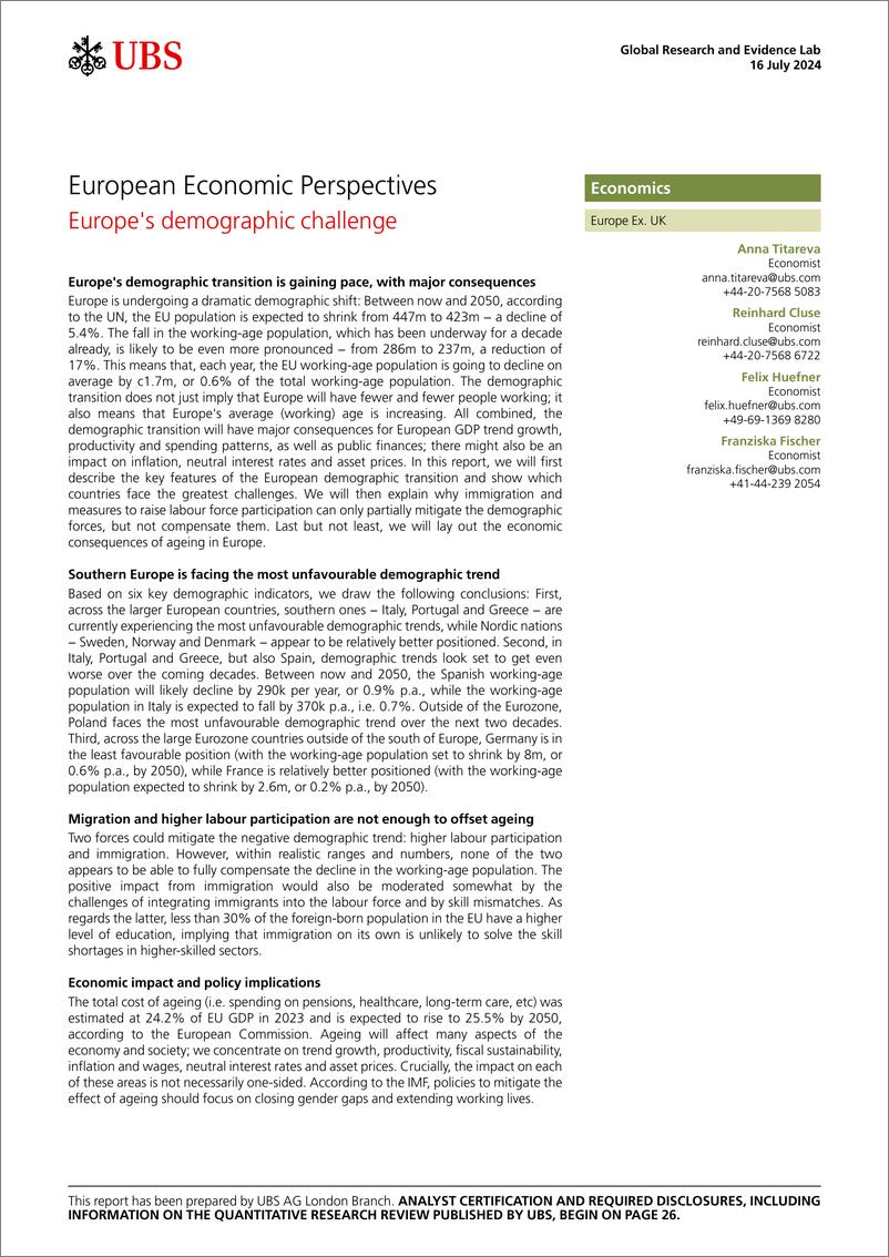 《UBS Economics-European Economic Perspectives _Europes demographic challen...-109251765》 - 第1页预览图