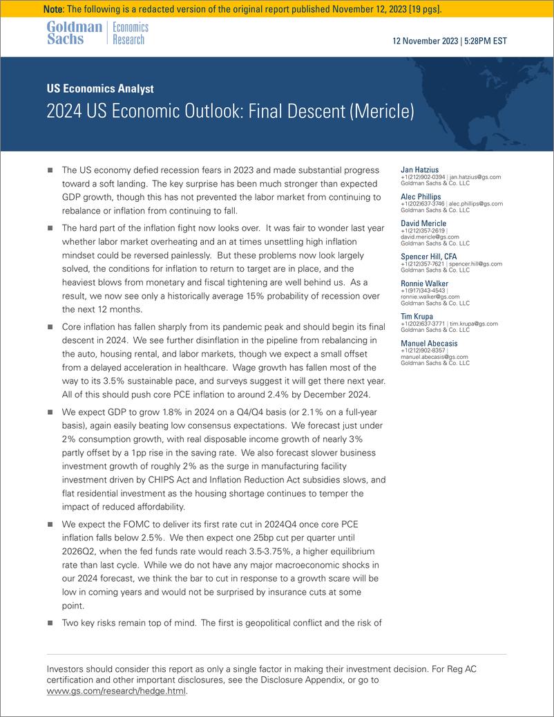 《高盛：2024年美国经济展望报告：最后的下降（英文版）》 - 第1页预览图