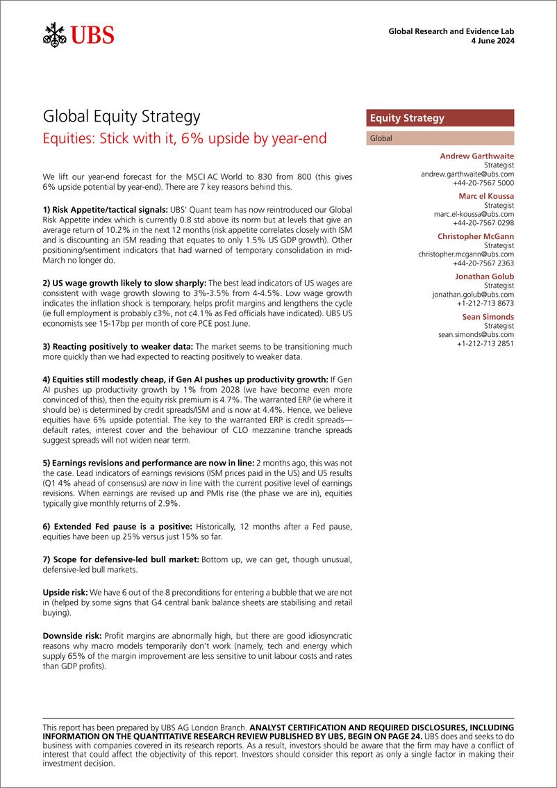 《UBS Equities-Global Equity Strategy _Equities Stick with it, 6 upside b...-108545847》 - 第1页预览图