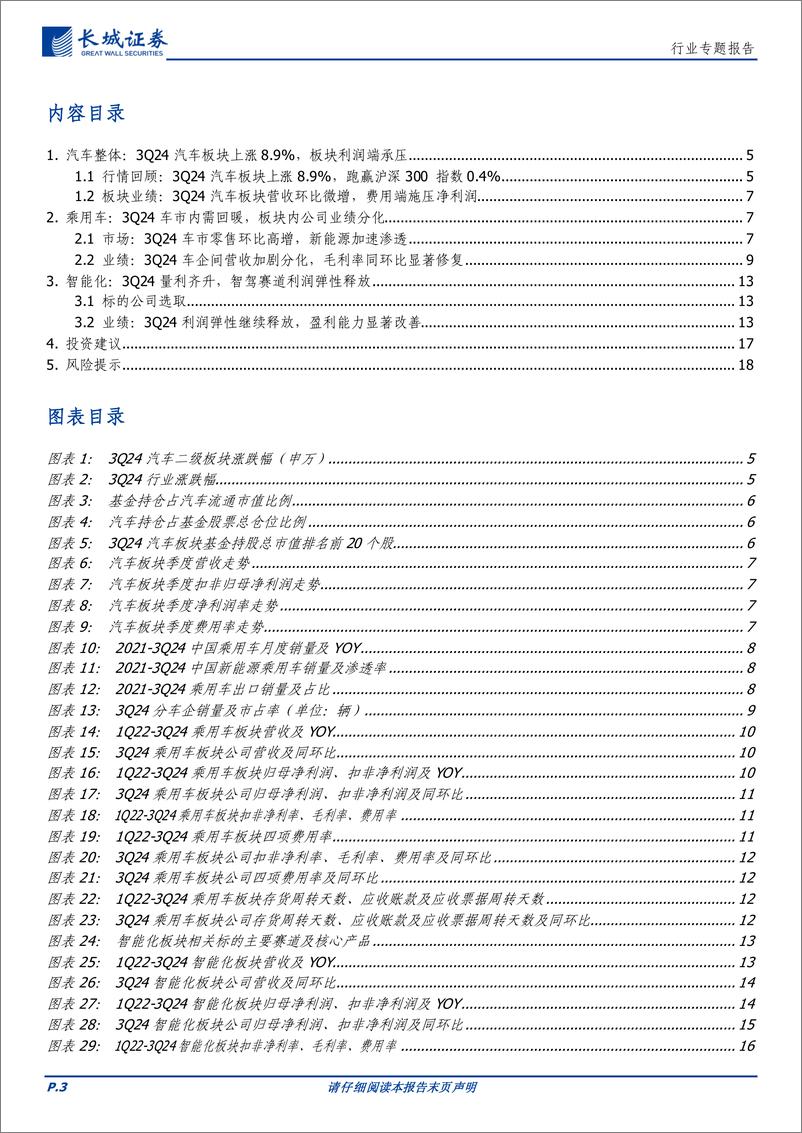 《汽车行业整车及智能化零部件3Q24财报总结：3Q24车市内需回暖，智驾赛道利润弹性释放-241118-长城证券-19页》 - 第3页预览图