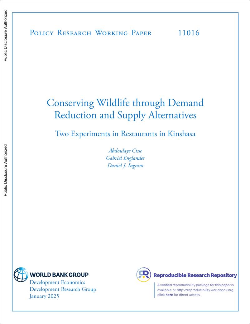 《世界银行-通过减少需求和供应替代方案保护野生动物：金沙萨餐馆的两项实验（英）-2025.1-52页》 - 第1页预览图