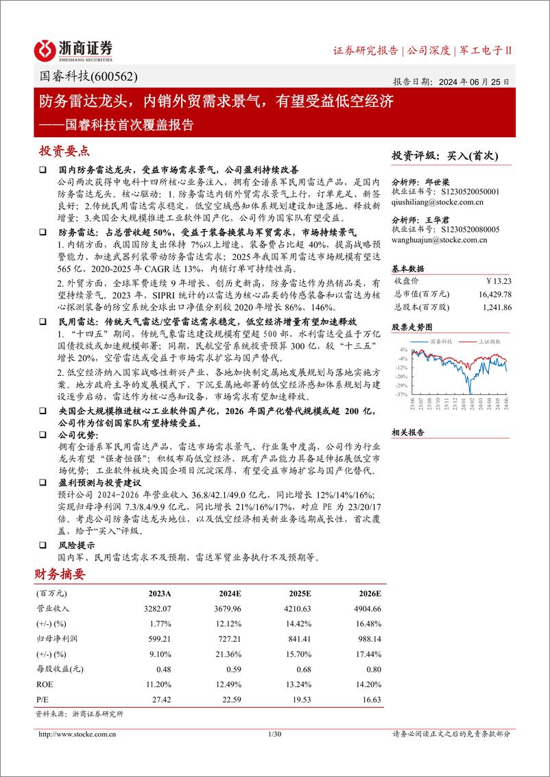 《浙商证券-国睿科技-600562-国睿科技首次覆盖报告：防务雷达龙头，内销外贸需求景气，有望受益低空经济》 - 第1页预览图