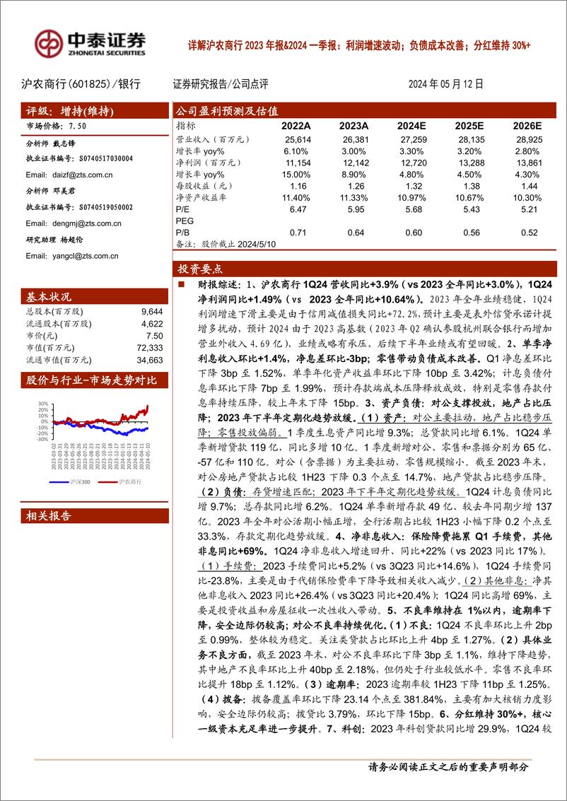 《沪农商行(601825)详解沪农商行2023年报%262024一季报：利润增速波动；负债成本改善；分红维持30%25%2b-240512-中泰证券-14页》 - 第1页预览图