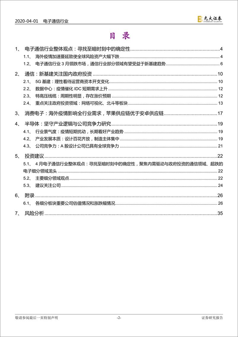 《电子通信行业2020年4月投资策略：至暗时刻中的危与机-20200401-光大证券-36页》 - 第3页预览图