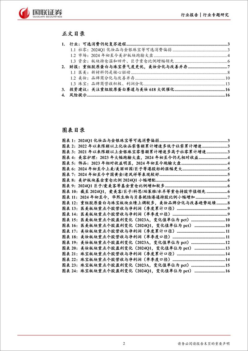 《美容护理行业2023年与2024Q1财报总结-关注重组胶原蛋白赛道与美妆618大促催化-国联证券》 - 第2页预览图