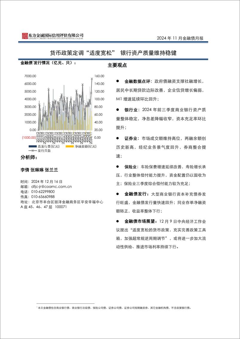 《2024年11月金融债月报：货币政策定调“适度宽松”银行资产质量维持稳健-241216-东方金诚-11页》 - 第1页预览图