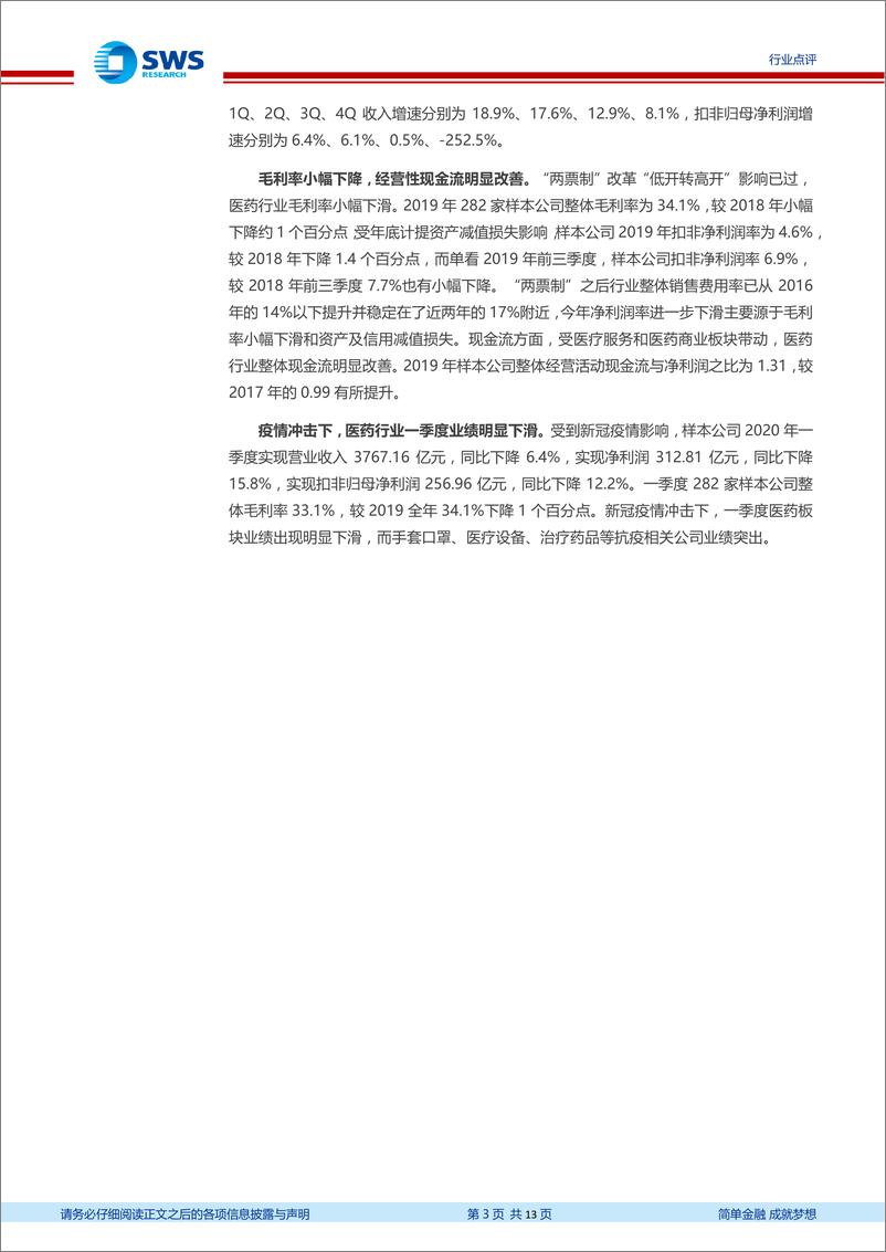 《医药行业2019年报及2020一季报总结：2019年行业增速放缓，2020一季度疫情冲击板块表现分化-20200515-申万宏源-13页》 - 第4页预览图