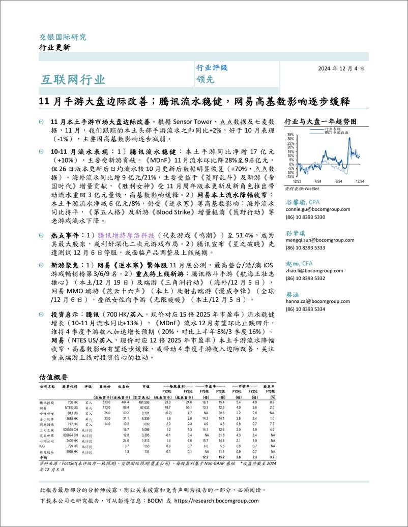 《互联网行业：11月手游大盘边际改善；腾讯流水稳健，网易高基数影响逐步缓释-241204-交银国际-12页》 - 第1页预览图