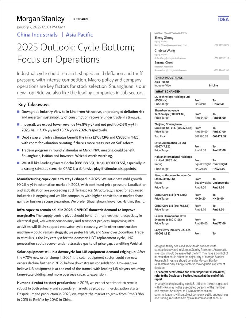 《Morgan Stanley-China Industrials 2025 Outlook Cycle Bottom; Focus on Oper...-112677047》 - 第1页预览图