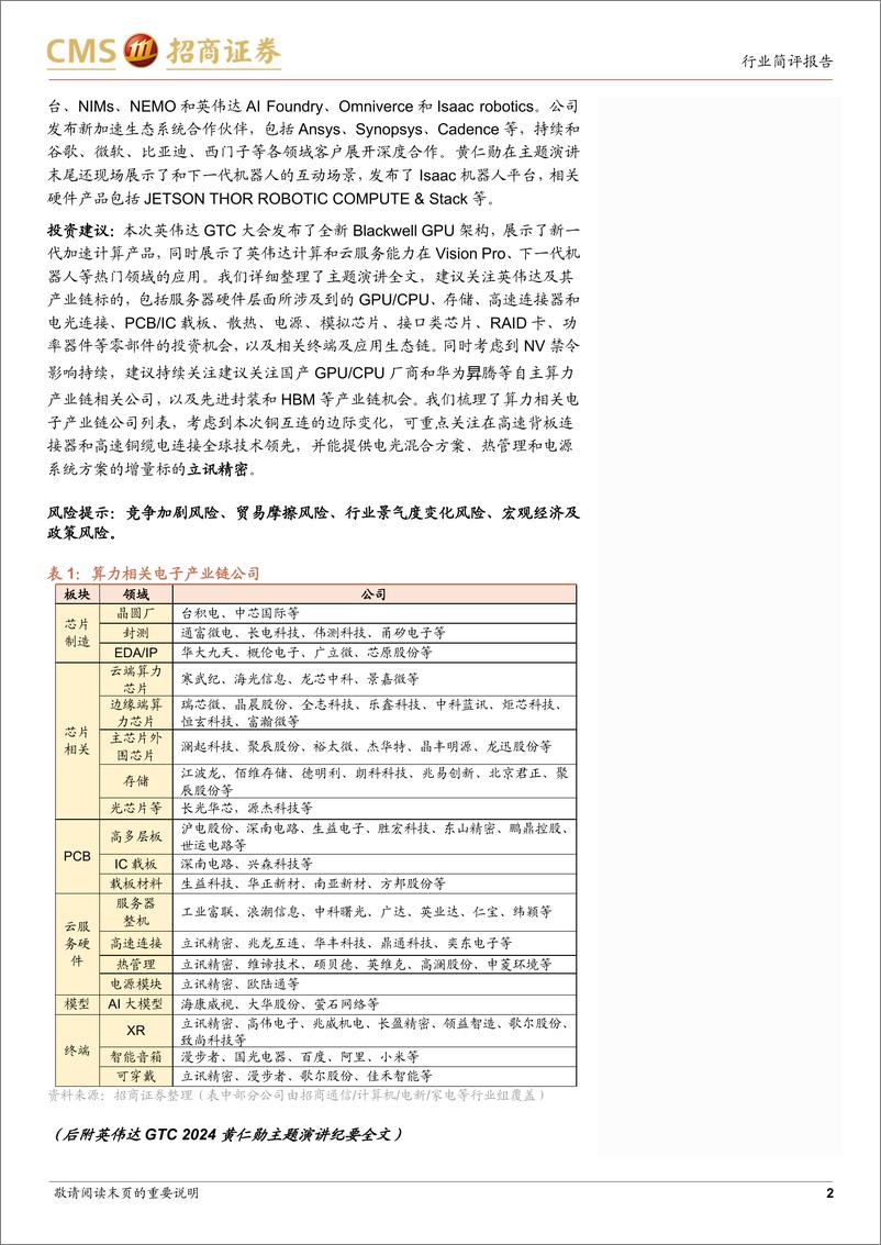 《电子行业英伟达GTC+2024跟踪报告：见证AI的变革时刻，关注新平台的增量变化和前沿应用-240319-招商证券-25页》 - 第2页预览图