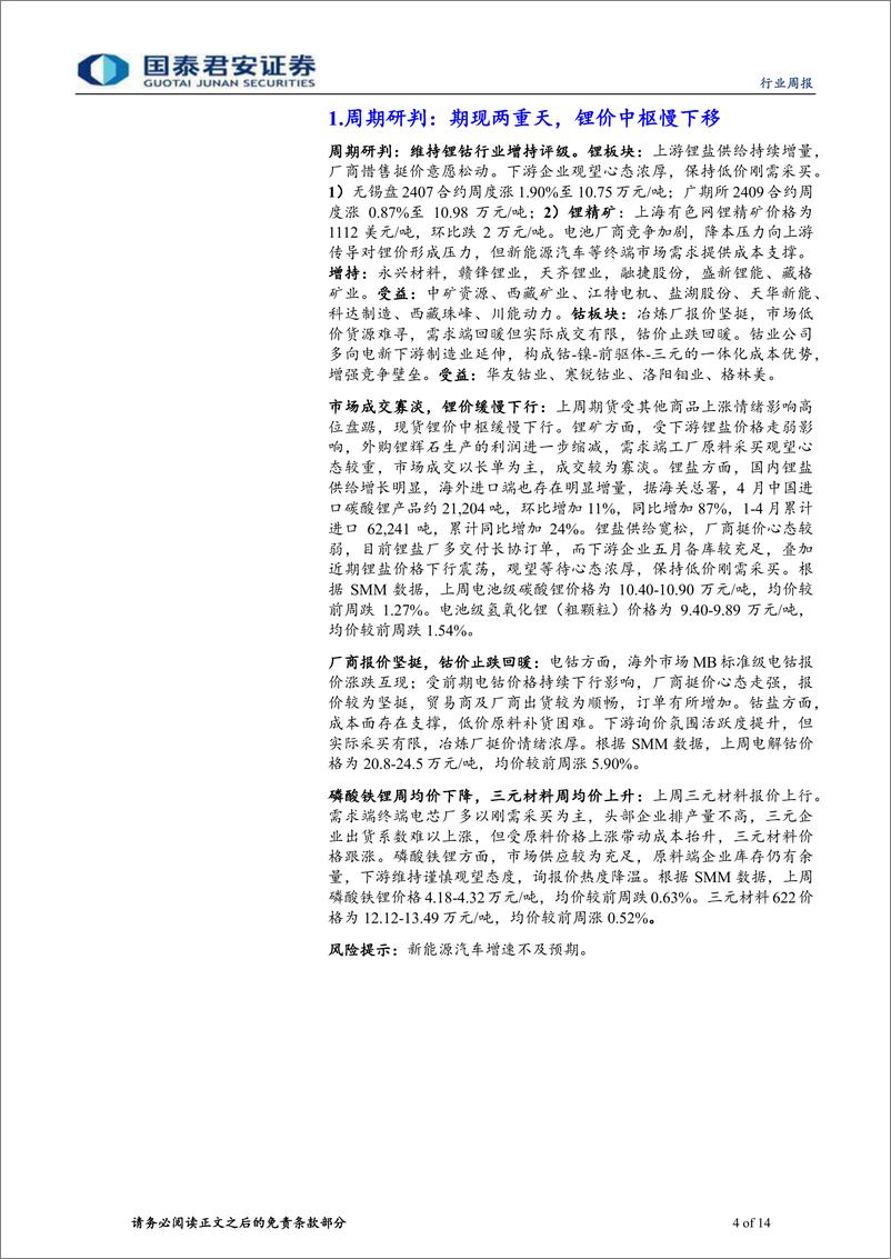 《钴锂行业更新：散单成交清淡，锂价稳中偏弱-240525-国泰君安-14页》 - 第4页预览图