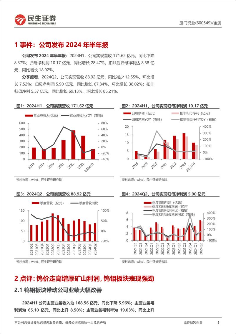 《厦门钨业(600549)2024年半年报点评：钨价走高增厚矿山利润，钨钼板块表现强劲-240829-民生证券-21页》 - 第3页预览图