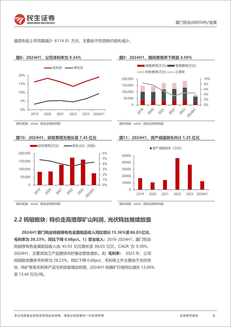 《厦门钨业(600549)2024年半年报点评：钨价走高增厚矿山利润，钨钼板块表现强劲-240829-民生证券-21页》 - 第5页预览图