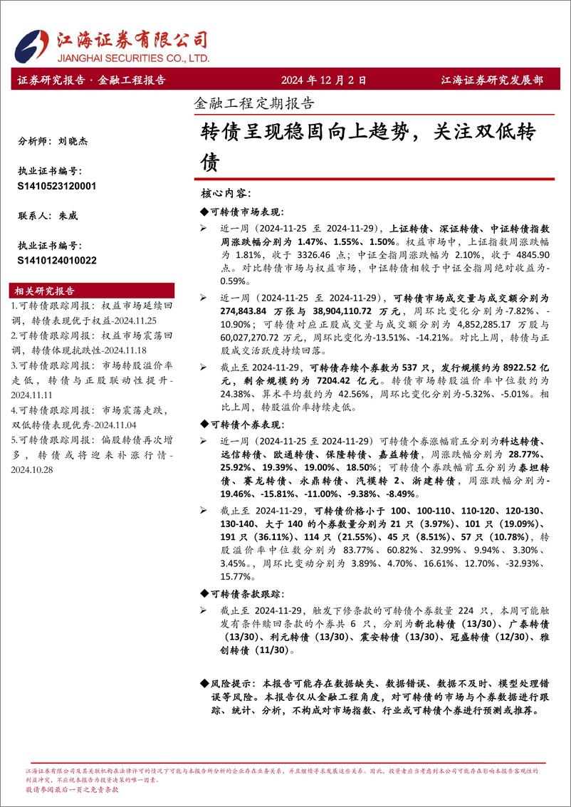 《金融工程定期报告：转债呈现稳固向上趋势，关注双低转债-241202-江海证券-12页》 - 第1页预览图