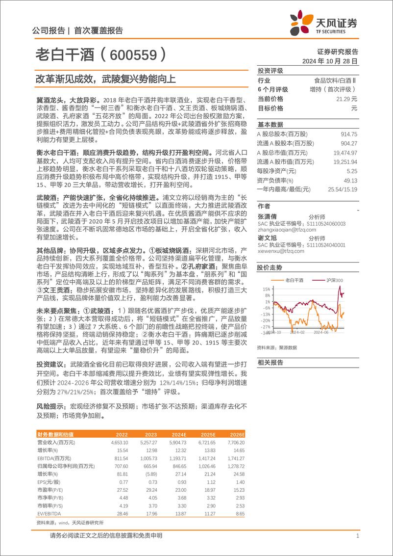 《老白干酒(600559)改革渐见成效，武陵复兴势能向上-241028-天风证券-31页》 - 第1页预览图