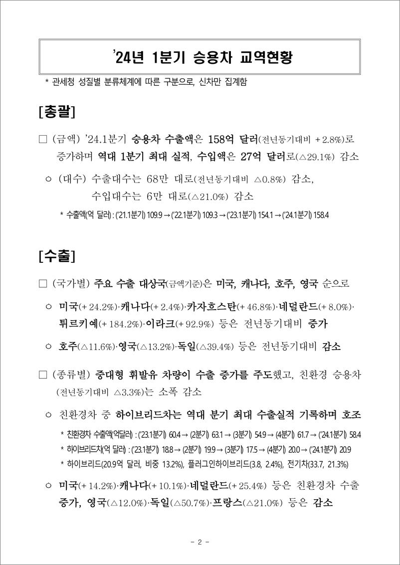 《韩国关税厅：2024年第一季度韩国汽车行业进出口数据》 - 第2页预览图