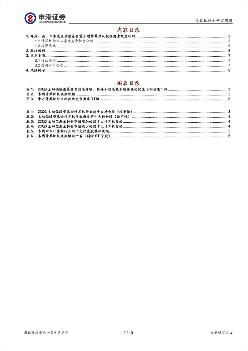 《2023-10-29-信息技术-计算机行业研究周报：计算机行业Q3基金持仓分析：人工智能主题概念出现一定的退潮-申港证券》 - 第2页预览图